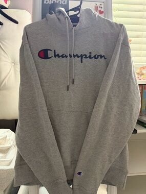 Champion Gray Crewneck Hoodie with Navy Script & Red Accent